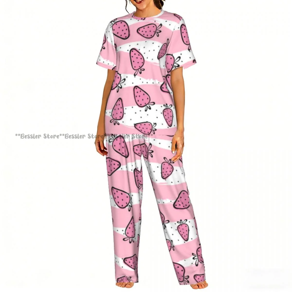 

Sweet Strawberry On Stripes Background Pajamas Set Short-sleeved Women Home Clothing