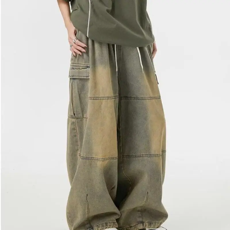 

Foufurieux Maillard Cleanfit Retro American Vibe Men's Splicing Structure Waste Earth Style Brown Straight Leg Pants Jeans