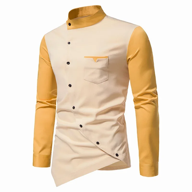 LIBIELIY New Men Shirt Long Sleeve Fashion Diagonal Button Shirts For Men Luxury Designer Irregular Henry Collar Solid Casual Sh