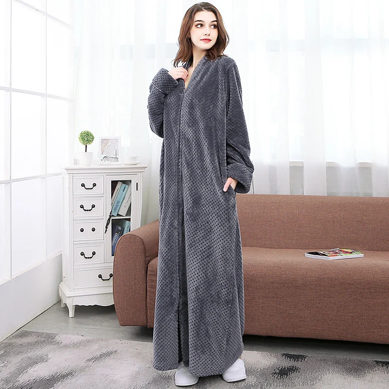 Women Ultra Long Plus Size Thick Warm Bathrobe Lovers Winter Thermal Flannel Bath Robe Men Robes Pregnant Zipper Dressing Gown