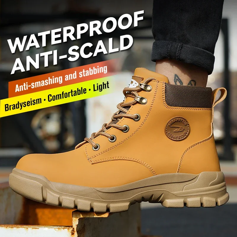 Anti-smash Work Safety Boots for Men, Steel Toe Shoes, Puncture-proof, Indestructible, Waterproof Sneakers Brown Boots