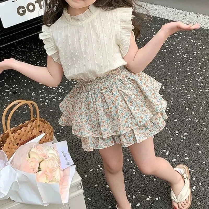 2024 New Girls' Suit Summer Children's Dress Baby Girl Fashionable Children's Top+Skirt Two-Piece Set