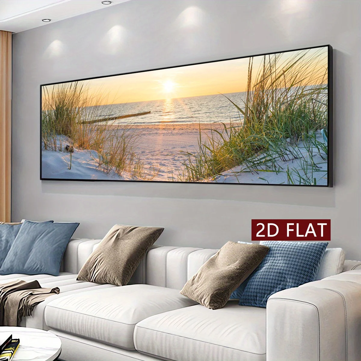 No Framed Canvas Poster - Golden Sunset Over Calm Ocean with Beach Grass, Tranquil Coastal Wall Art for Living Room, Bedroom, Of