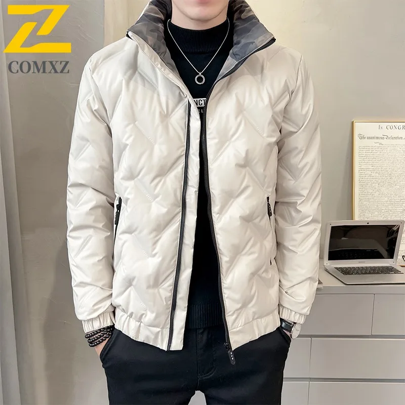 COMXZ 2025 Mens Stand Collar Puffer Jacket American style Winter Tactics Trendy Casual Outdoor Sport Waterproof Windproof Coat