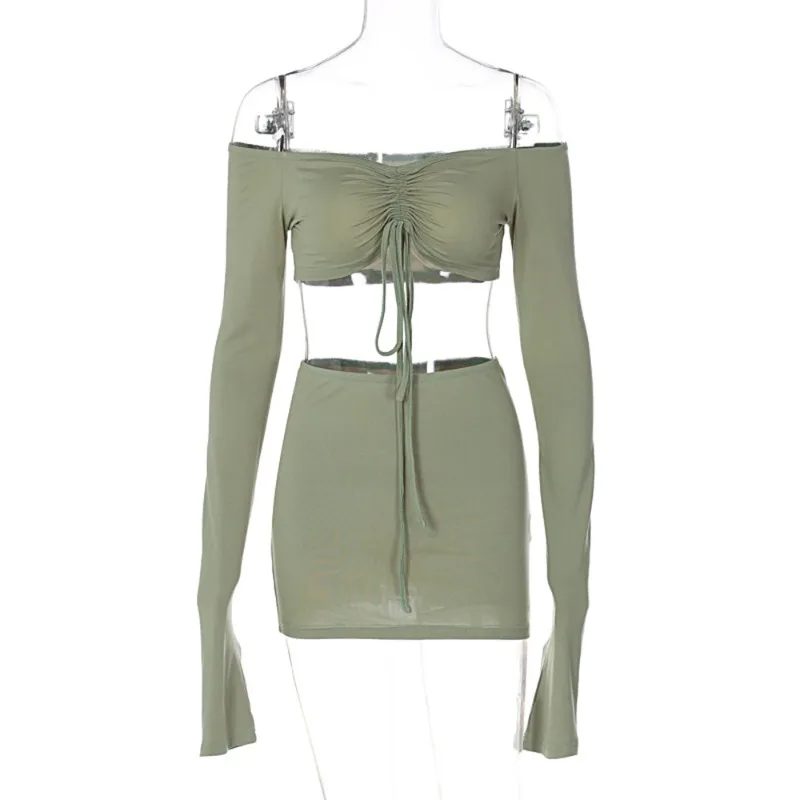 Hugcitar Women Matching 2 Piece Set Long Sleeve Drawstring Ruched Crop Top Mini Skirt Suit Co Ords Outfits Bodycon Sexy Party image 4