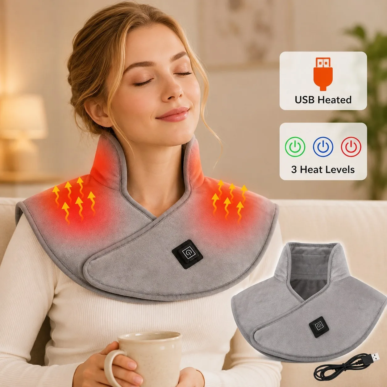 Electric Heating Shoulder Neck Pad USB Heated Shawl Thermal Compress Back Warmer Soft Comfortable Cervical Wrap for Pain Relief