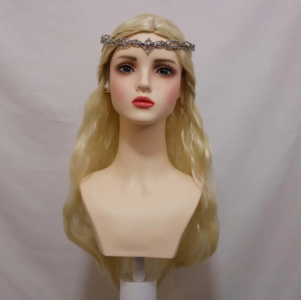 Women Elf Princess Galadriel Cosplay Wig With Fairy Ear Long Wavy Light Blonde Heat Resistant Synthetic Hair Adjustable Wig Cap