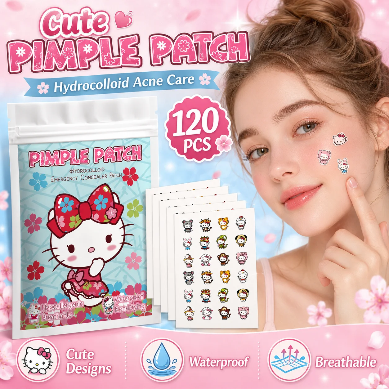 120PCS Hello Kitty Cute Face Stickers, Hydrocolloid Pimple Patches for Invisible Blemish Concealing