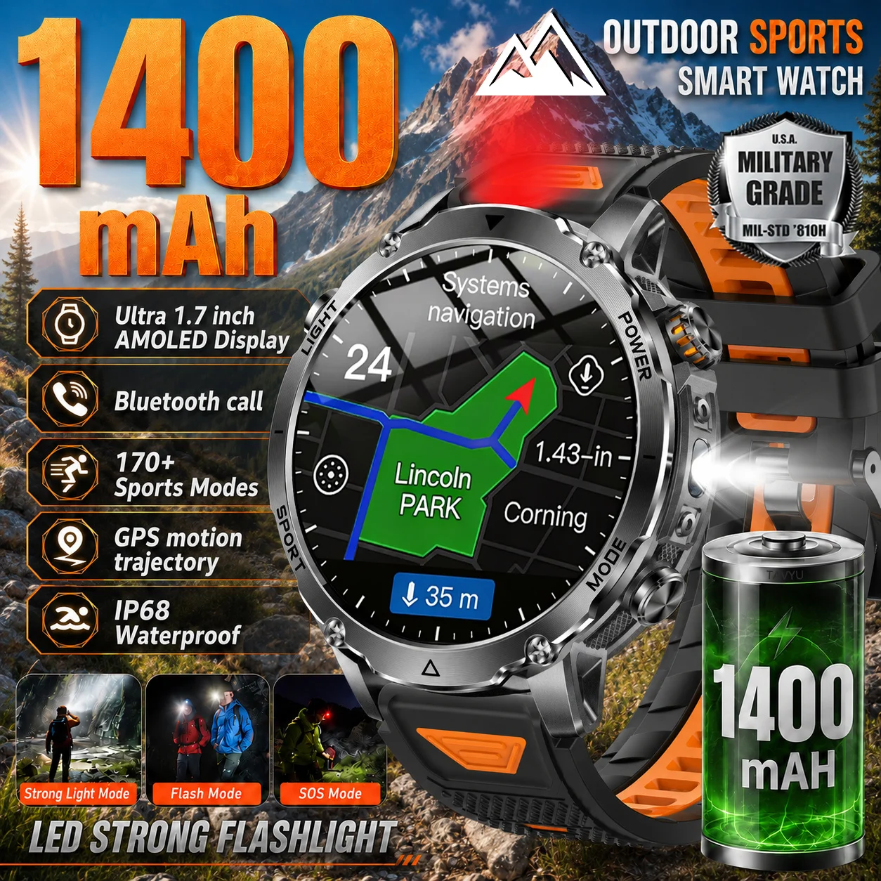 

2026 New 1400mAh Men Smart Watch Outdoor Sports GPS Motion Trajectory 1.7" AMOLED Display LED Flashlight IP68 BT Call Smartwatch