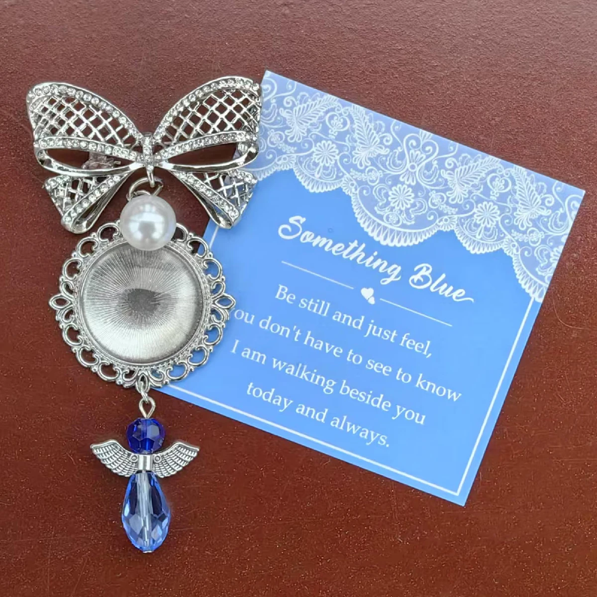 Something Blue Bridal Bouquet Charm, Wedding Memorial Bride Shower Gift, DIY Photo Locket with Angel Bow for Mother Father Keeps