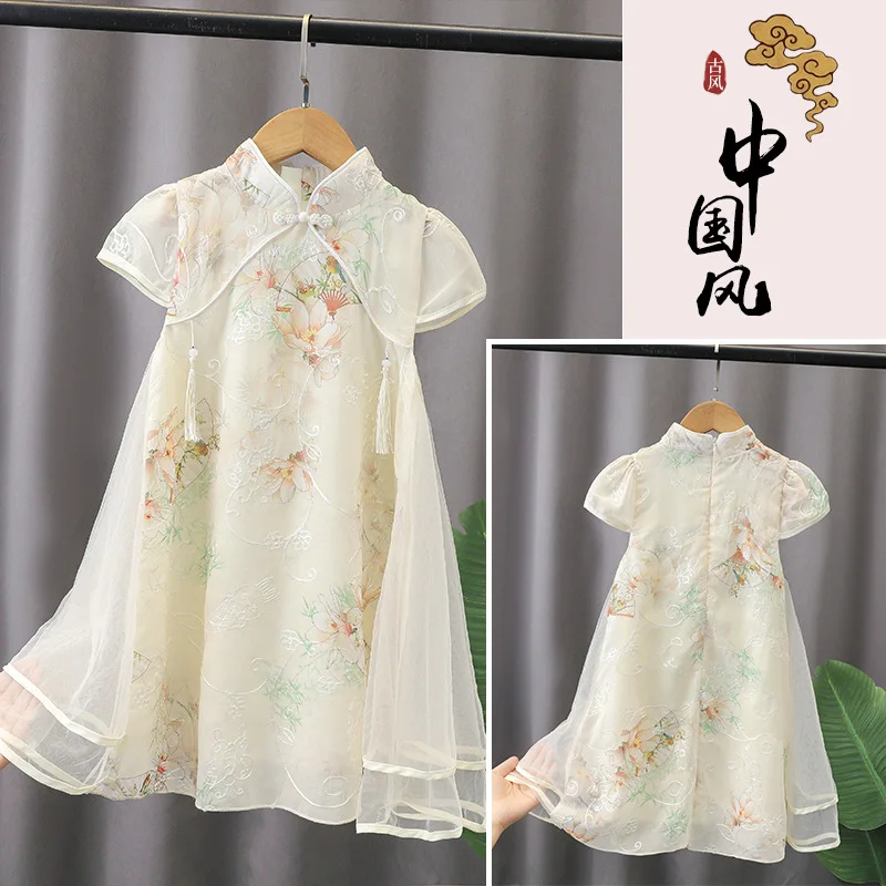 Baby Girl Summer Qipao Chinese Tradition Style Kids Flower Printing Tang Costume 2-10 Years Loose Sleeves Dress Birthday Gift