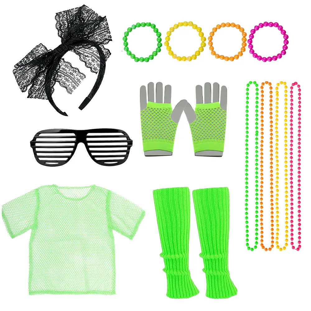 90er-Jahre-Outfit-Zubehör, 80er-Jahre-Cosplay-Kostüm-Zubehör-Set, typischer schulterfreier Netz-Hemd-Anzug für Bühnenauftritte