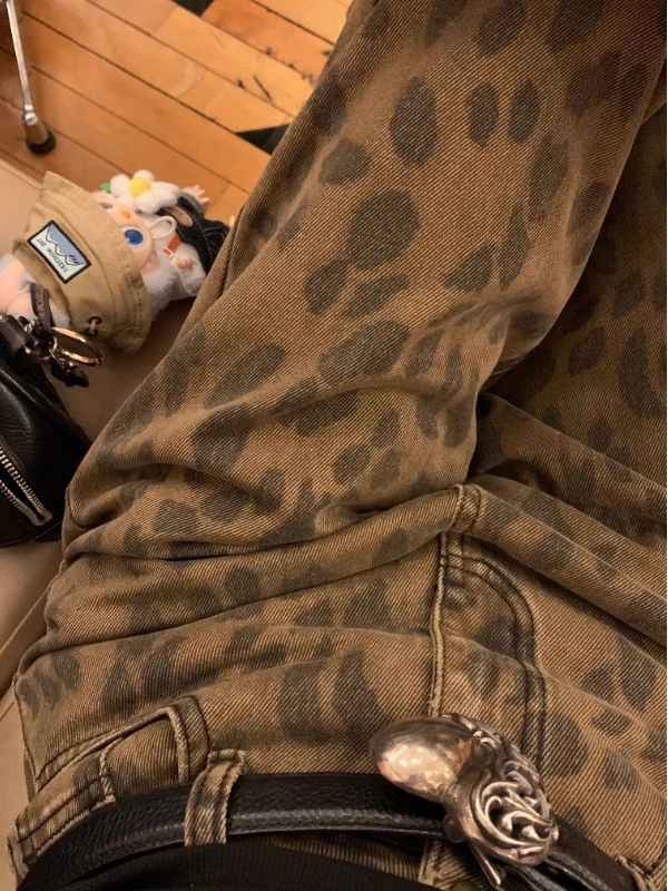 Stylish Retro Coffee Color Leopard Print Straight Leg Jeans Casual Slimming Denim Trousers for Teenage Women Vintage Flared