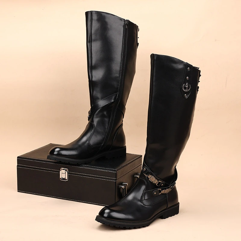 men fashion cosplay stage high boots black designer shoes cowboy natural leather boot trendy cool long motorcycle botas hombre