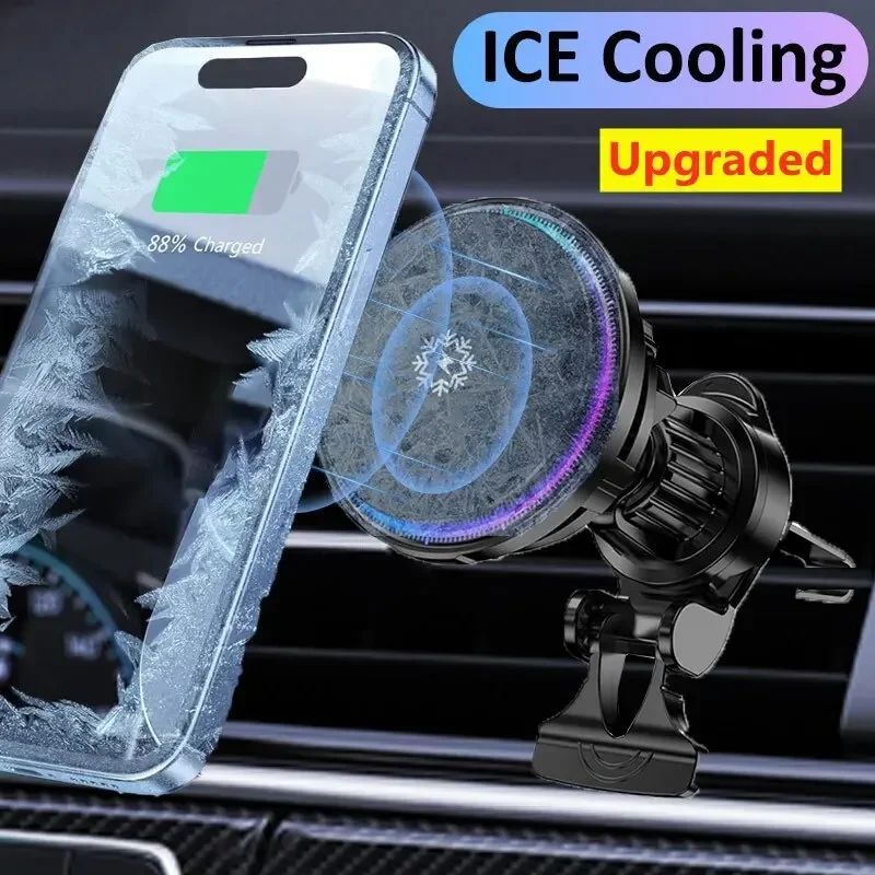 Ice Cooling Magnetic Wireless Car Charger Fast Charging Station for iPhone 15 14 13 12 Pro Max MacSafe Car Phone Holder Stand