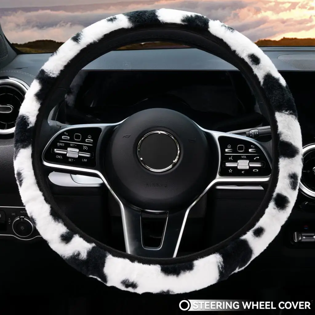 Milk Cow Print Pattern Steering Wheel Cover Car Auto Protector Women Girl Anti Slip Skid Non Slip Furry Fluffy Warm Soft Trunk