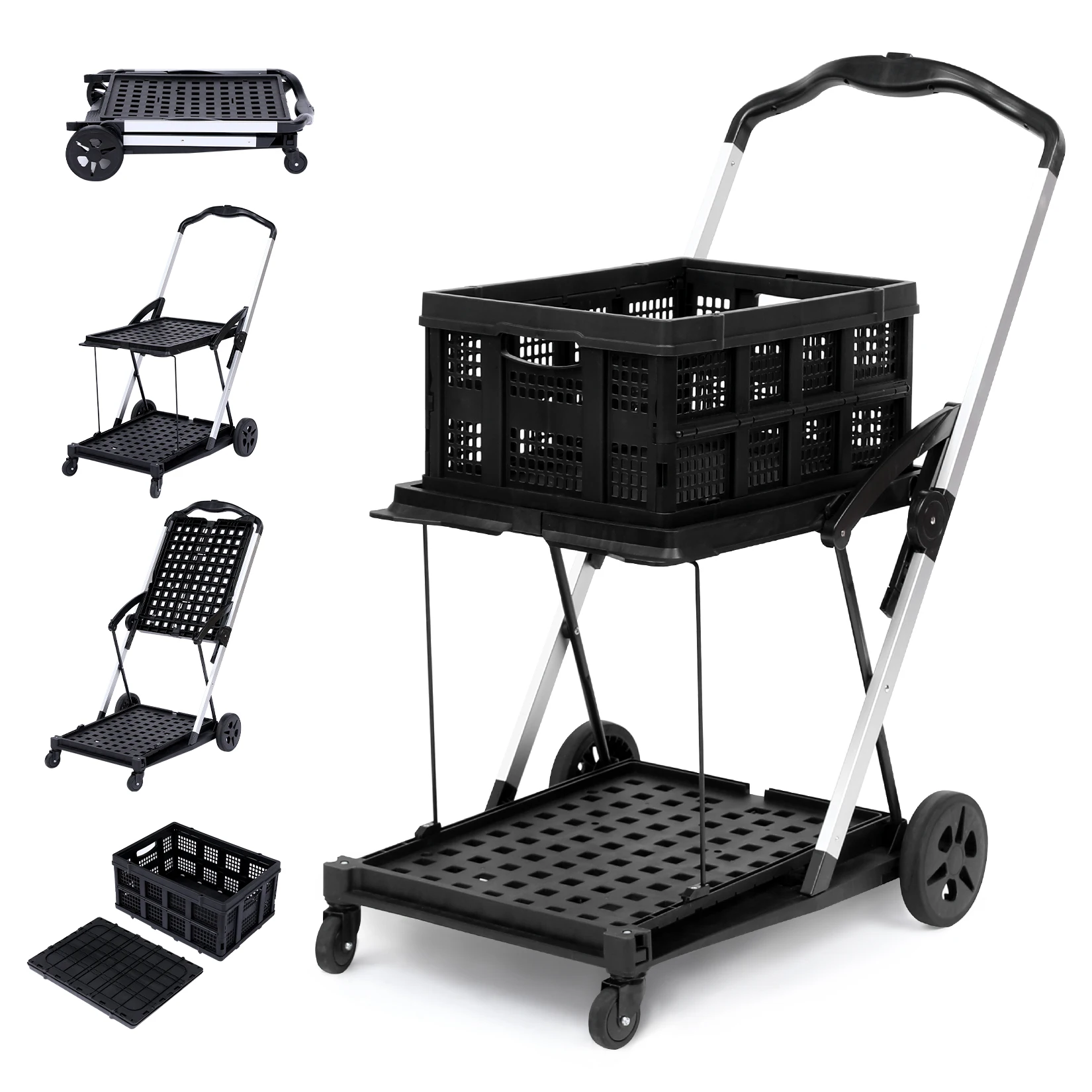 

Shopping Supermarket Cart - Mobile Folding Grocery Cart with 360 Rolling Swivel Wheels, Multi-Use Functional Collapsible Carts w