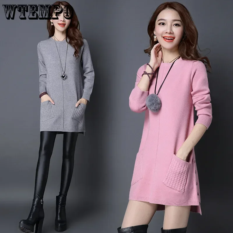 WTEMPO Autumn Winter Sweater Women's Solid Color Loose Pullover Tops Long-Sleeved Pocket Knit Sweaters Dress Pull Femme