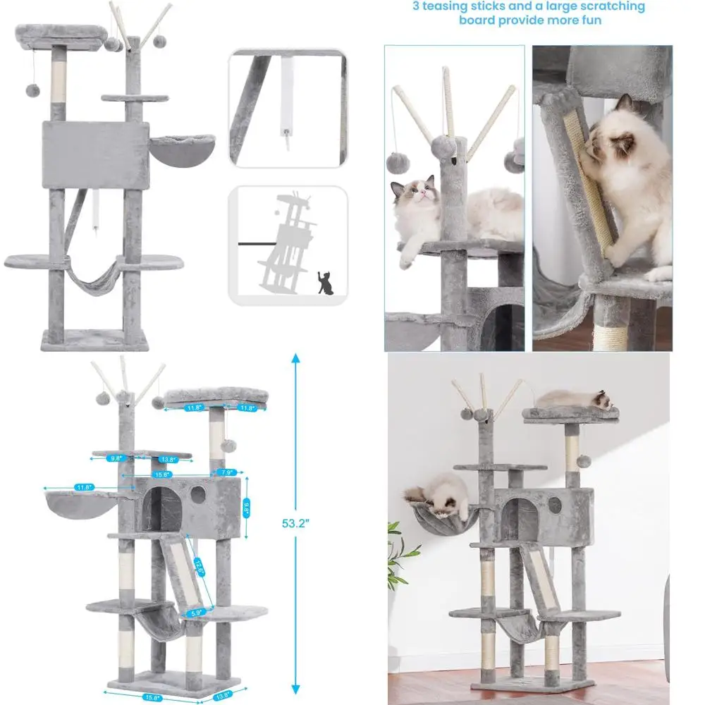 

53 Indoor Cat Tower with Padded Bed, Toys, Cozy Condo, Hammocks & Scratching Posts, Light Gray