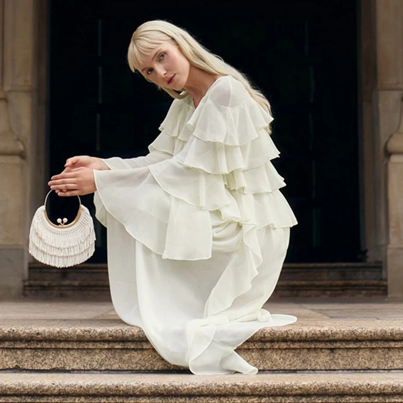 Tornova casual babados em camadas vestido longo feminino elegante solto rendas manga longa chiffon vestido de verão novo vestido feminino deslocamento