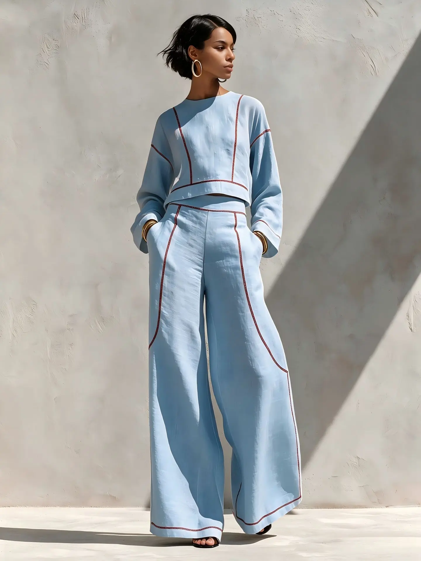 Fashion Autumn Contrast Stitch Two Piece Set Women Round Neck Long Sleeve Crop Top High Waist Wide Leg Pants Casual Vacation Set