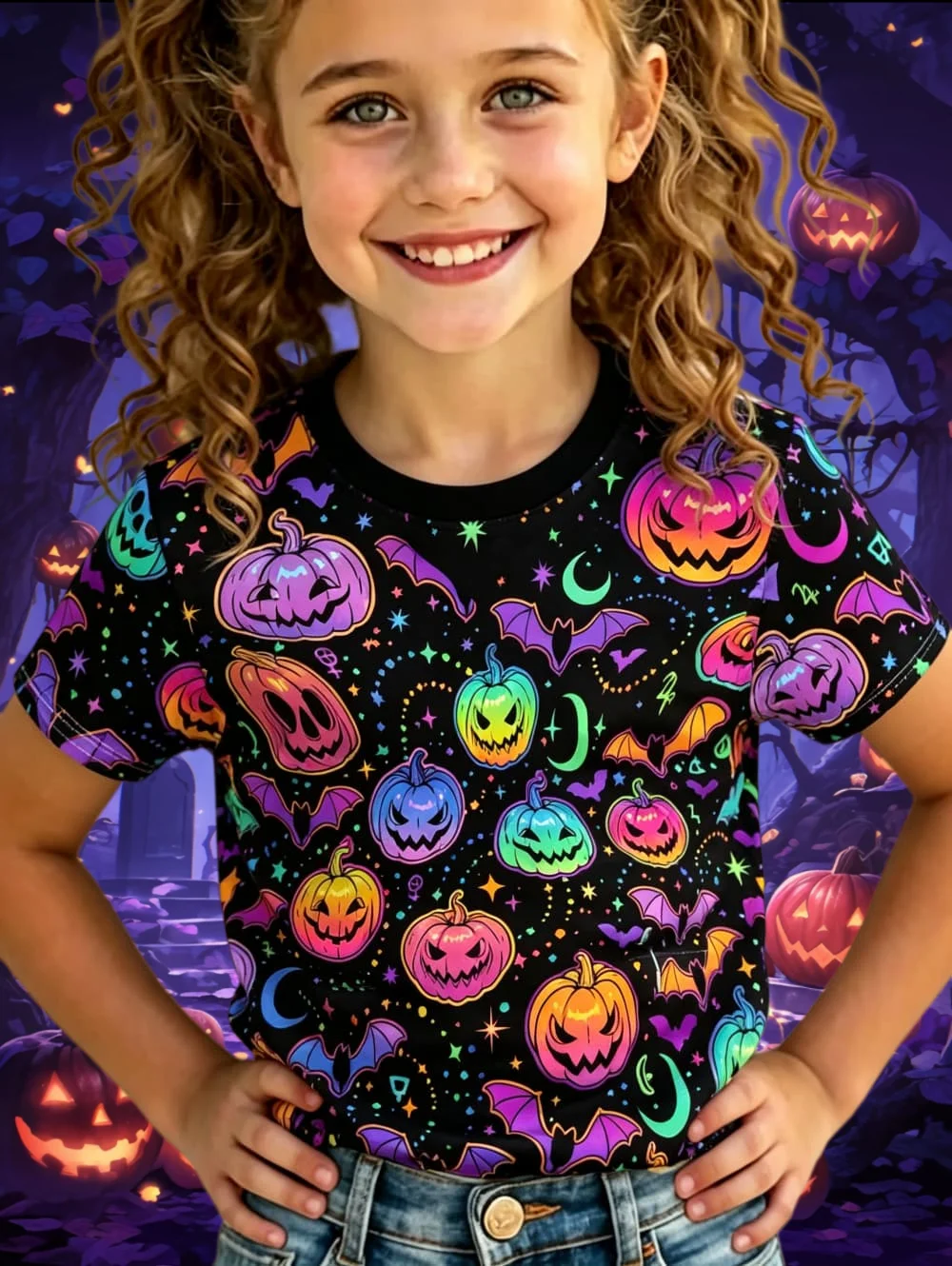 Halloween Girl's T-Shirt Pumpkin Pattern Summer Short Sleeve Casual Fashion Print Kids Tops 3-14y Party Gift Children's Clothing