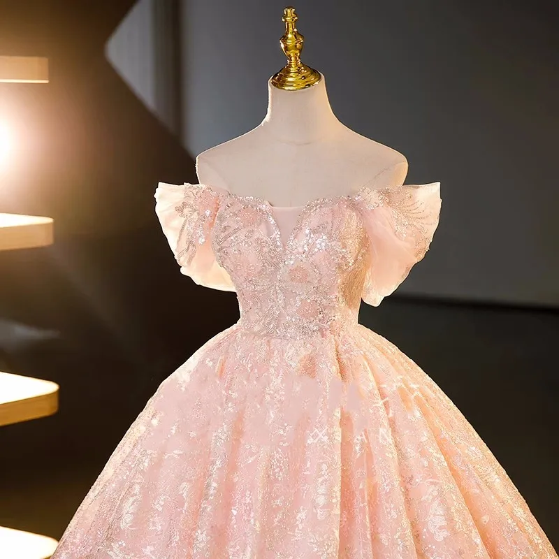 Vestido de baile Quinceanera rosa, Apliques de tule sem mangas, inchado mexicano doce 16 vestidos, vídeo real, 15 anos