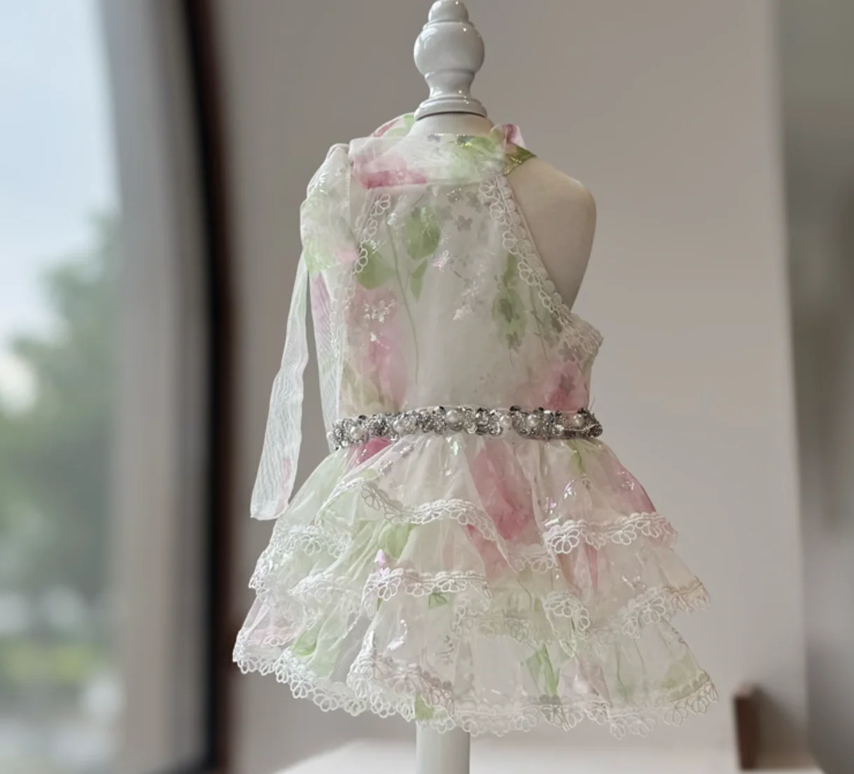 

Luxury Handmade Pet Evening Gown | Spring Summer Floral Tulle Dog Dress with Rhinestone Belt for Small Breeds