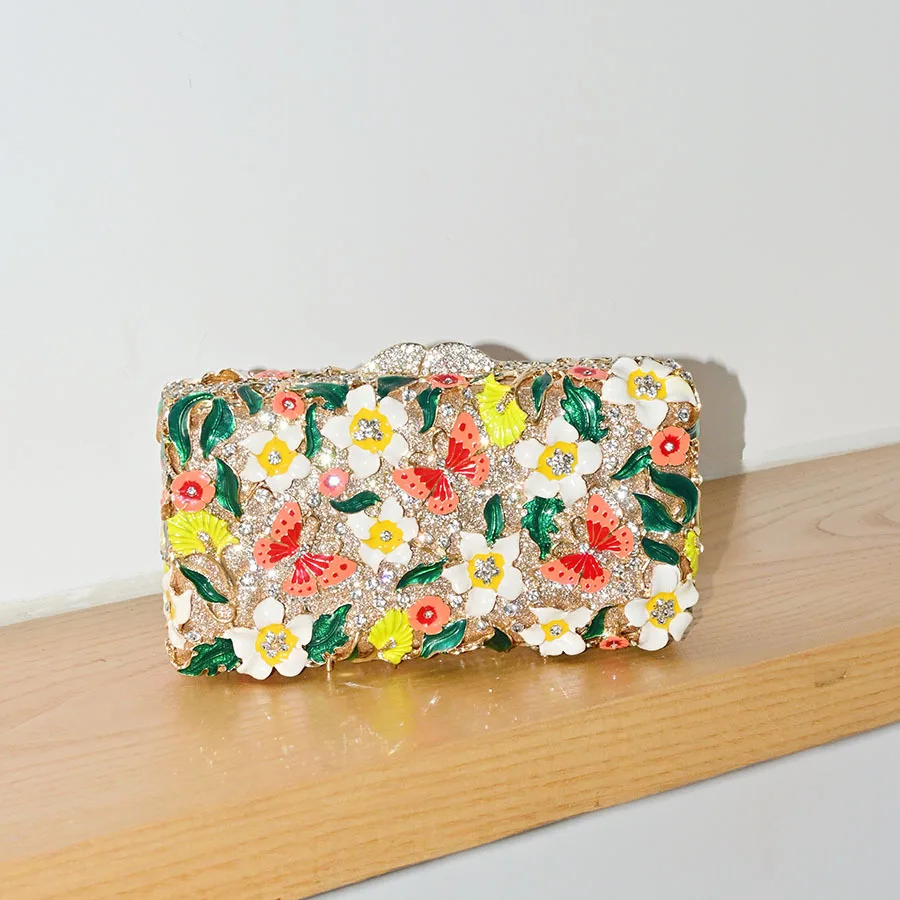 Exquisite dinner bag, rhinestone flower clutch bag, enamel craftsmanship retro fashion clutch bag, evening bag