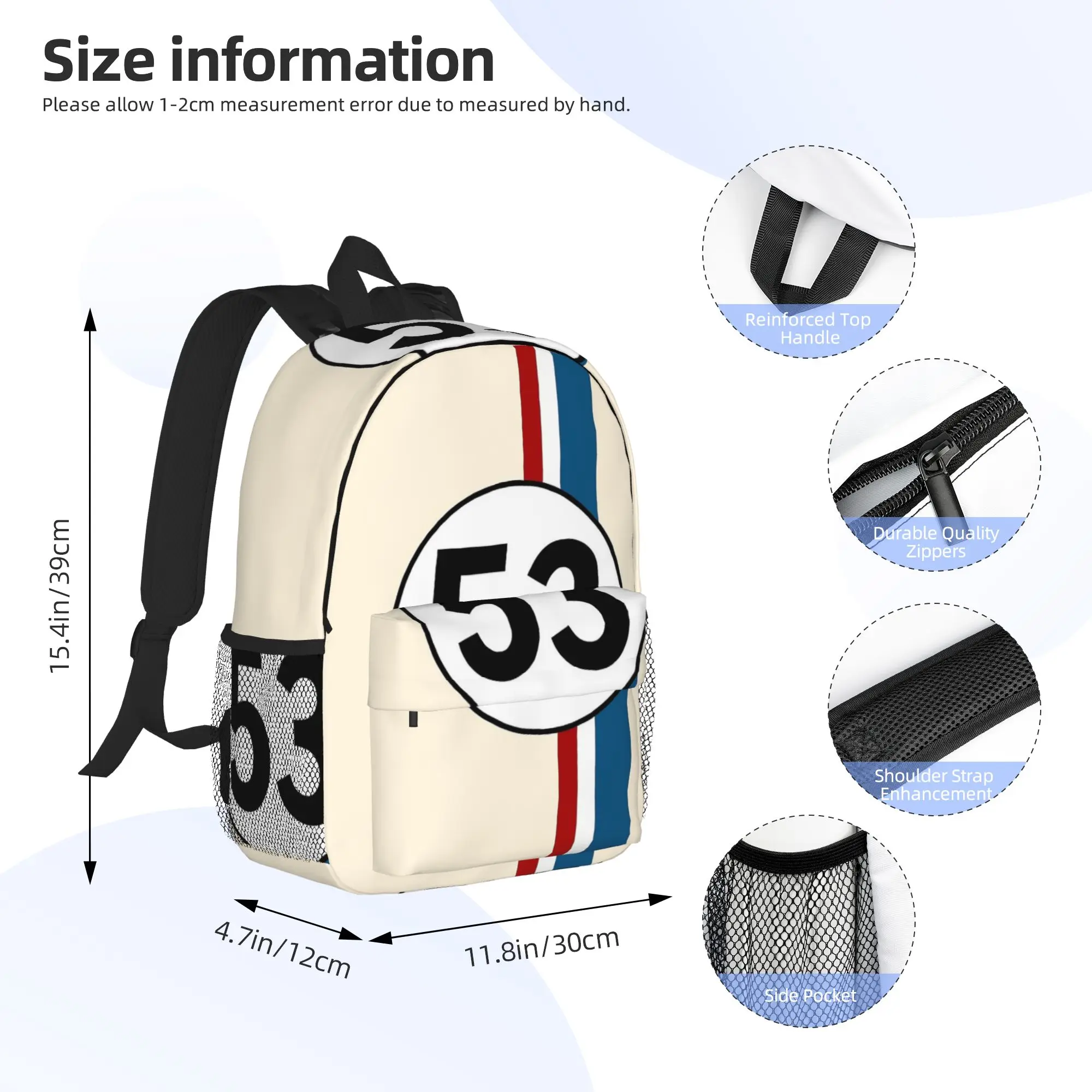 Herbie Number 53 Backpack Hot Sale Daypack Large Capacity Boys Girls BookBag Shoulder Bags for Men Women School Bag