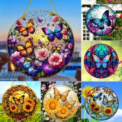 Butterfly&Flowers Suncatcher Acrylic Round Translucent Stained Glass Window Hanging-courtyard,Patio,Garden,Room Decor.Ideal Gift