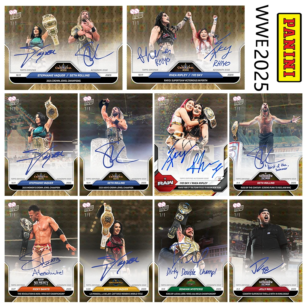 

Коллекционная карточка PANINI 2025 DIY с автографами WWE: Сами Зайн, Стефани Вауэр, Сет Роллинс, Доминик Мистерио. Лазерная гравировка.