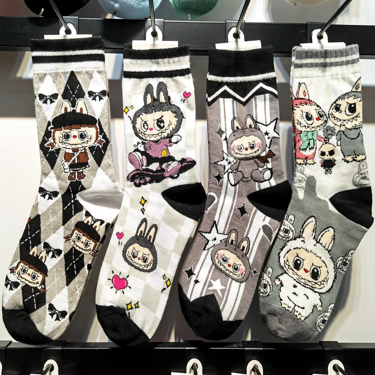 

4 Pairs Labubu Socks Female High Quality New Fall And Winter Cartoon Combed Cotton Mid-calf Men's and Women's Socks Average Size