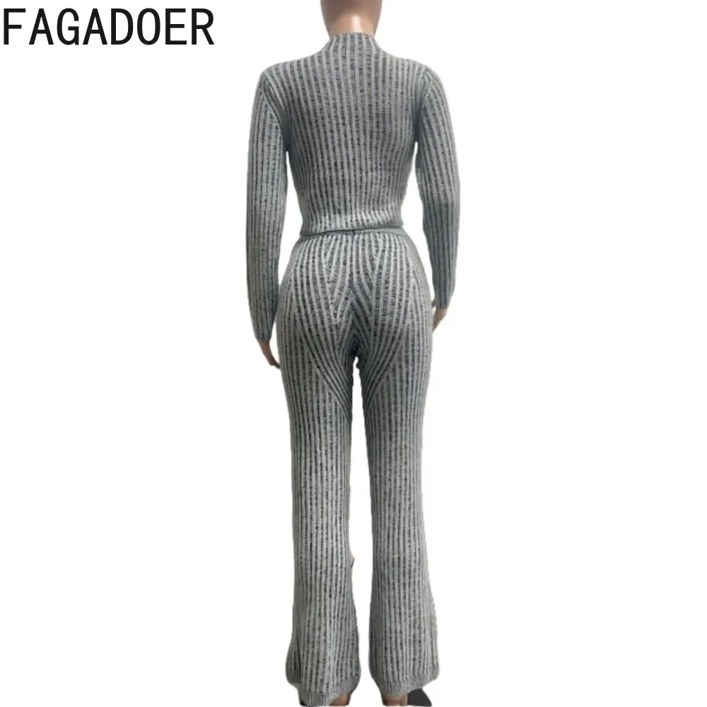 FAGADOER Autumn New Knit Casual 2 Piece Set Outfit Women Solid Zip Slim Crop Top and Flare Pants Suit Female Streetwear Clothing