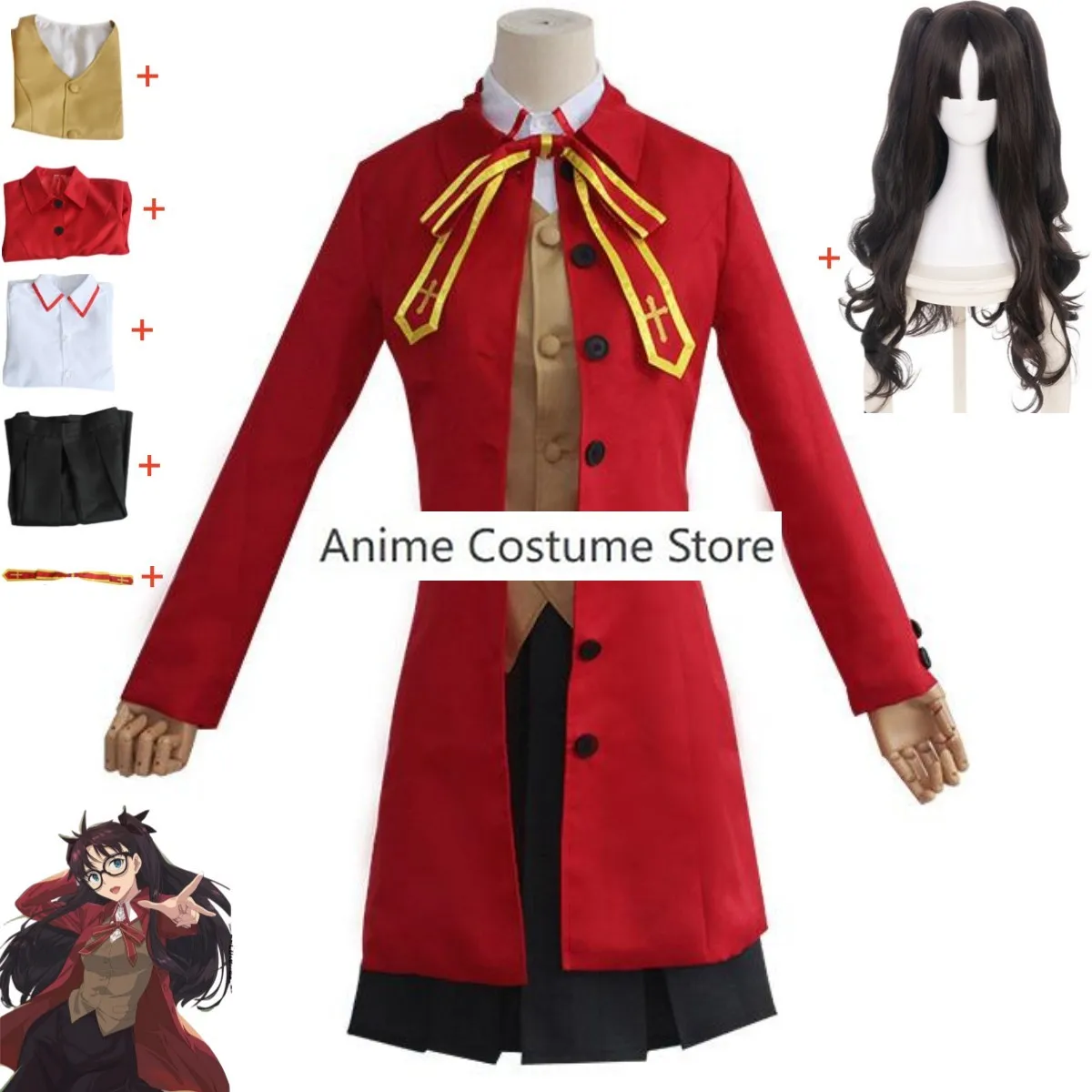 

Anime Game Fate/stay Night Tohsaka Rin Matou Sakura Cosplay Costume Red Coat School Uniforms Vest Wig Woman Halloween Suit