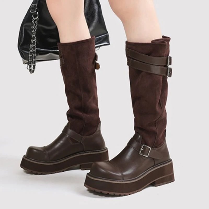 

Fashion Designer Knight Boots Female Suede Retro Belt Buckle British Style Long Boots New Autumn Platform Knee High Boots Women