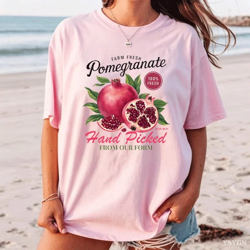Women Tee Farm Fresh Pomegranate Vintage Fruit Label Graphic Summer Loose Fit Soft Cotton Female Retro Botanical Casual Shirt