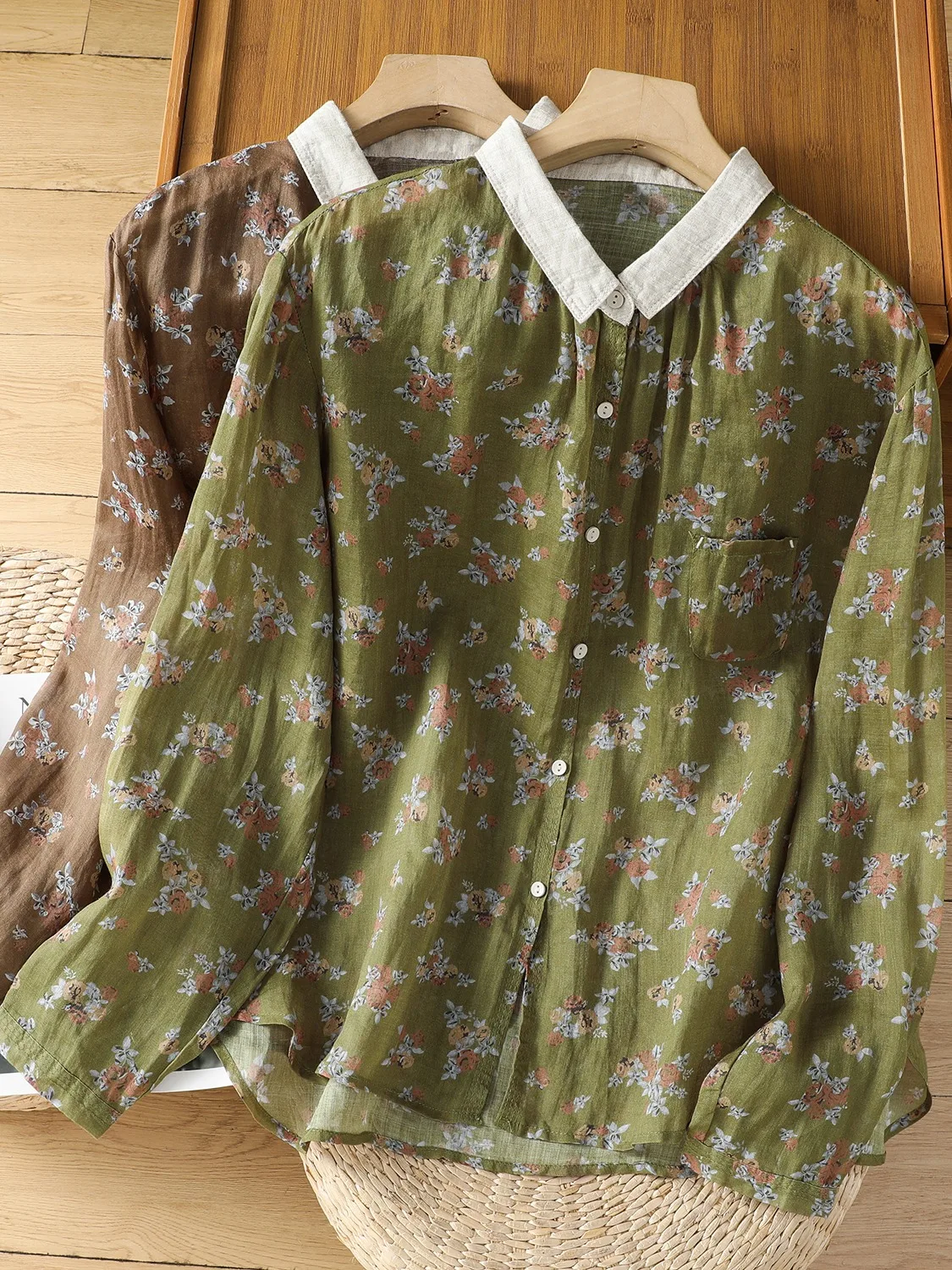 

Ele Floral Print Cotton Linen Collar Long Sve Women's irt Vintage Sle Slim Fit Top Comfortable Breathable Mat...