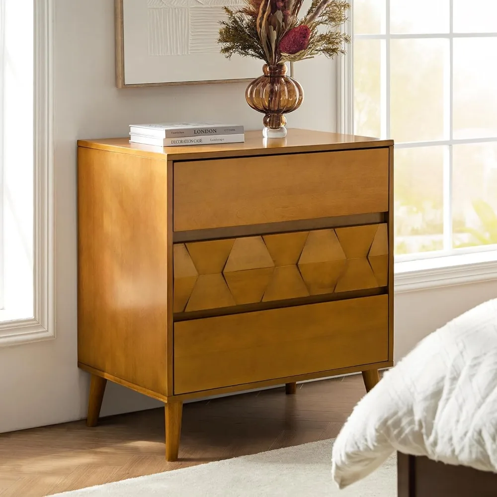 

"30 inch wide nightstand with 3 drawers, mid-century modern dresser, and geometric pattern wood side table with charging port"