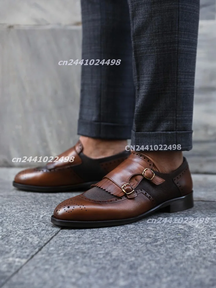 Men's Tassel Decor Brogue Double Monk Strap Dress Shoes Perforated Buckle Faux Leather Textured Low Block Heel Pointed Toe Shoes