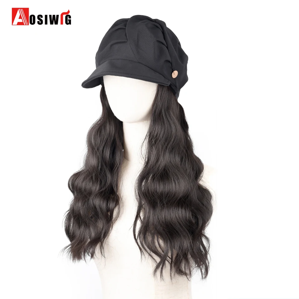 Cap Wig Female Synthetic Long Water Wave Hair Wig With Beret Hat One Piece Adjustable Hat Wig Heat-resisting Fake Hair