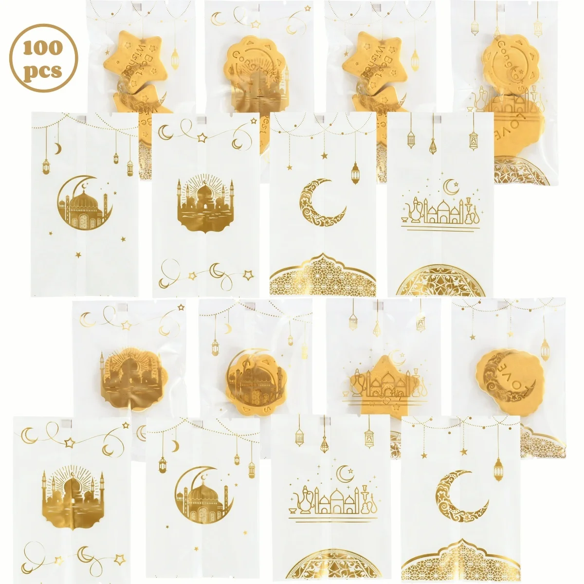 Ramadan Transparent Cookies Bags Golden Moon Star Islamic Muslim Biscuits Candy Bags Eid Mubarak Kareem Festival Baking Supplies