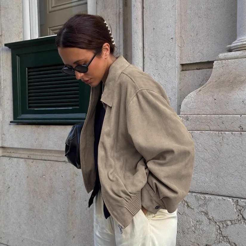 2025 Nuovo Autunno Laid-back Moda Retro Colletto a maniche lunghe Giacca da donna in pelle scamosciata con cerniera Cappotto semplice in tinta unita di alta qualità