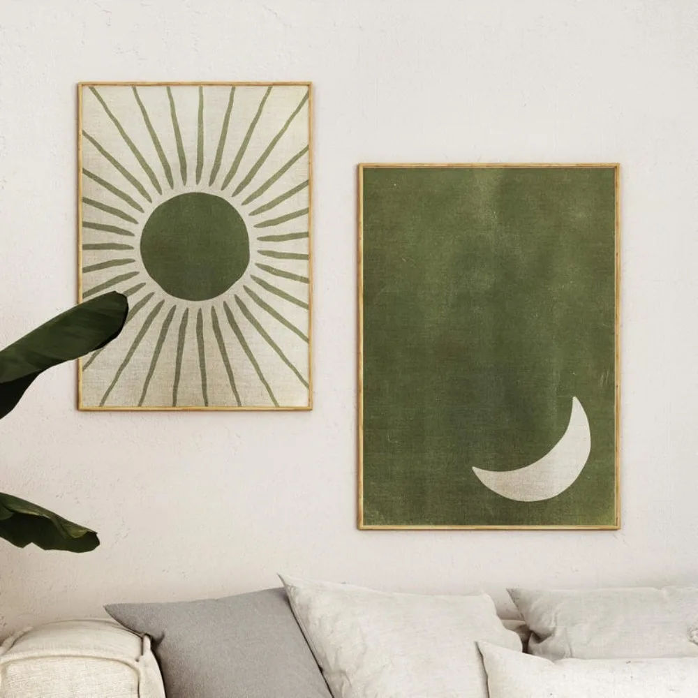 Sage Green Wall Art Abstraction,olive Green Wall Art,sun and Moon,a Set of 2 Prints,day and Night Art,frameless Canvas Painting