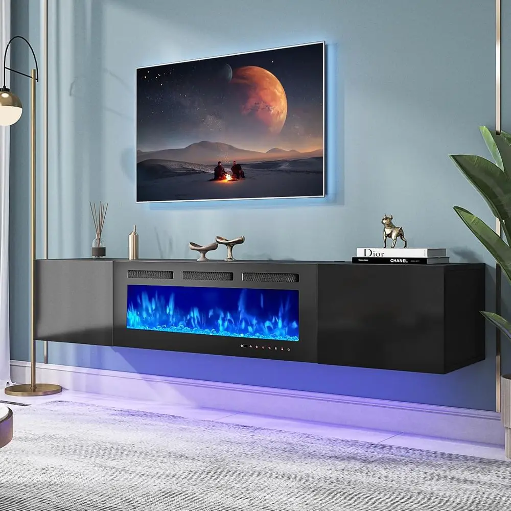 

80 Black Floating TV Stand with 40 Electric Fireplace, Entertainment Center, Storage, Adjustable LED Lights for Living Room