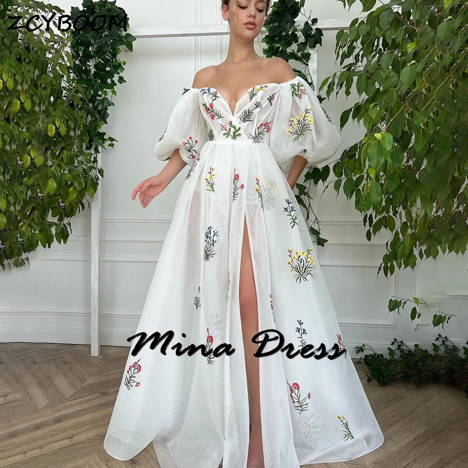 

Mina High Slit Women's Elegant Dresses for Parties 2024 Off the Shoulder Robe Soiree De Luxe 2024 Flowers Prom Dress Ball Gowns