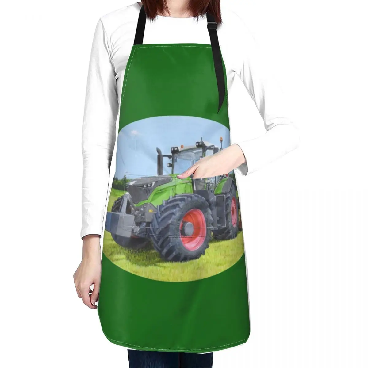 Green Tractor in Field (green background) Apron japanese style Trim Cloth Women Kitchen'S Waterproof Apron