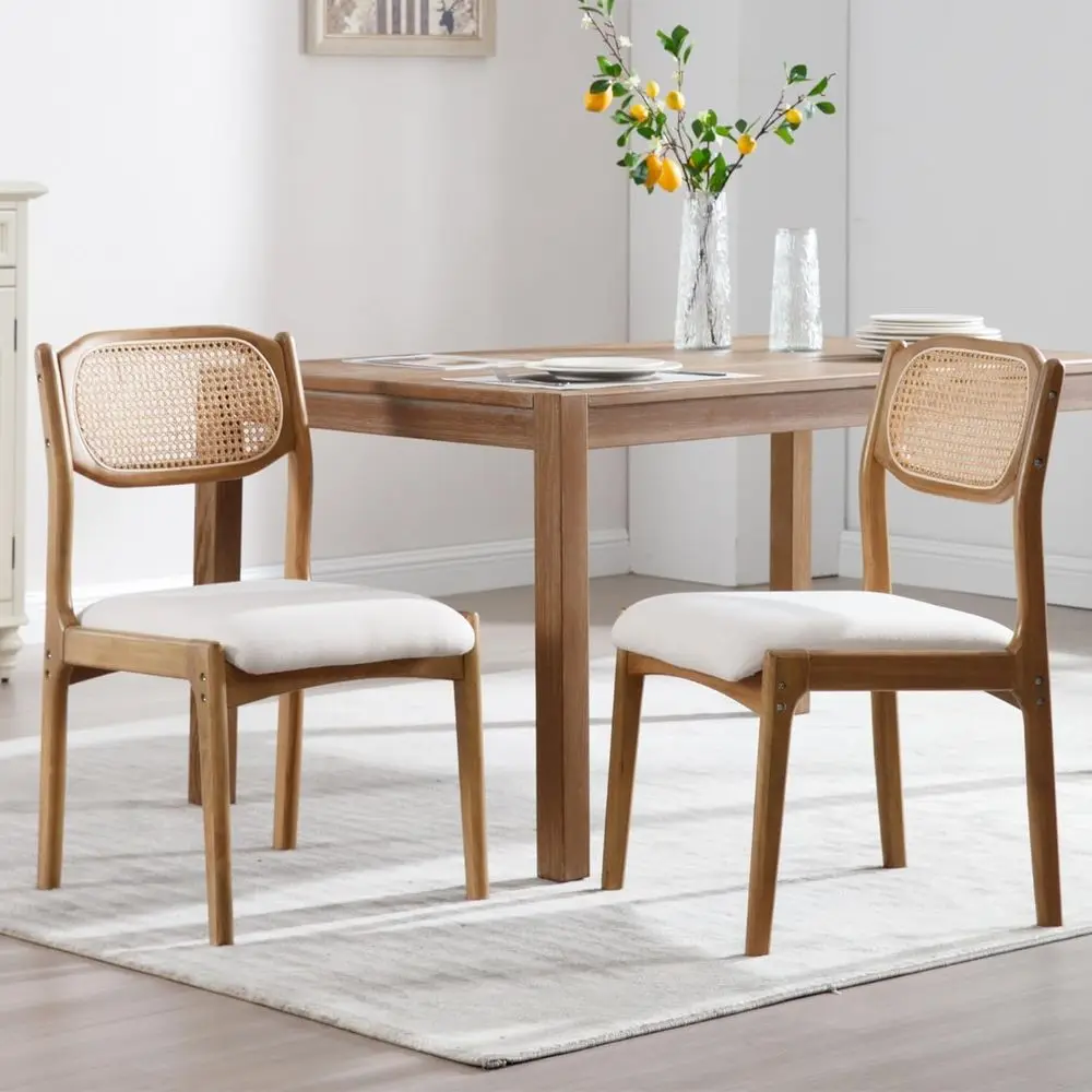 

Rattan Upholstered Dining Chairs Set of 2 with Linen Seats and Natural Wood Legs, White