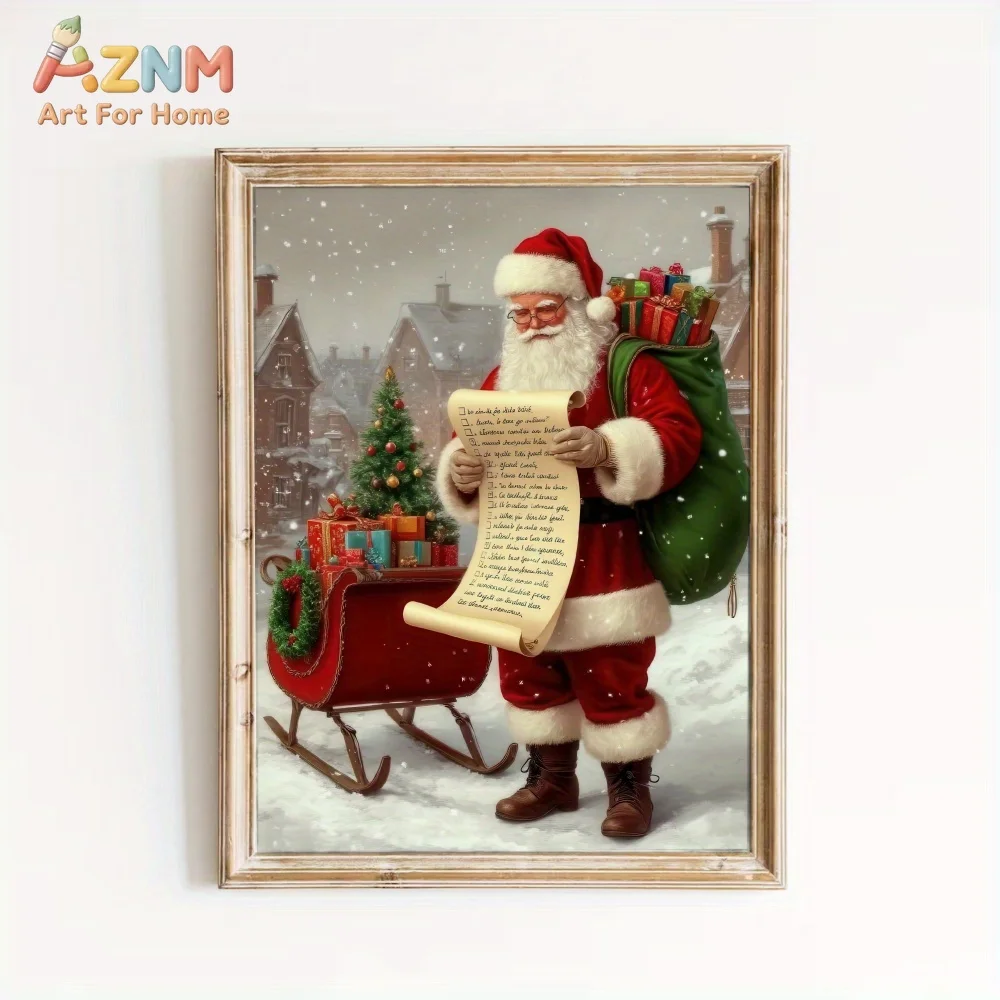 AZNM Vintage Santa Claus List Sleigh Canvas Wall Art, Snowy Town Christmas Gift Scene Poster, Unframed Canvas Painting for Holid