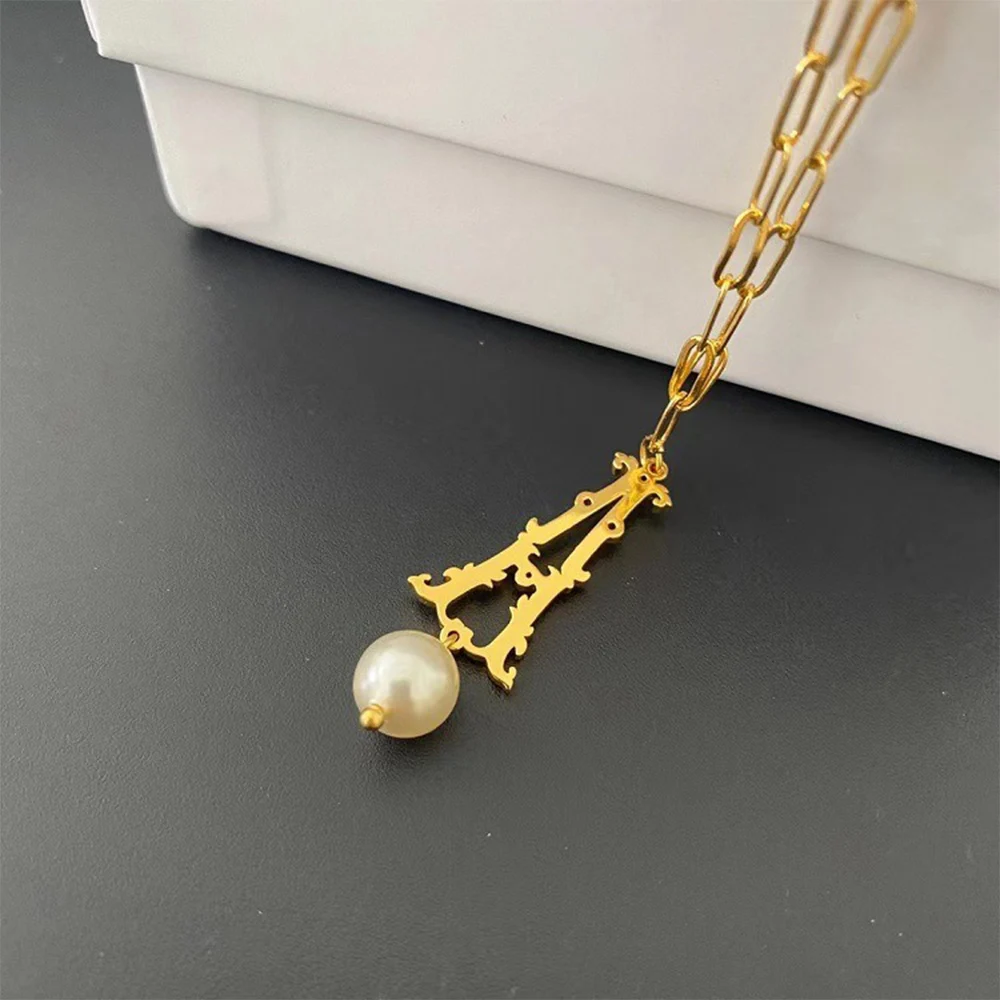 Elizabeth Báthory Vintage Gold Paris Tower Chain Fashion Elegant French Pearl Pendant Necklace Free Shipping Collares Para Mujer